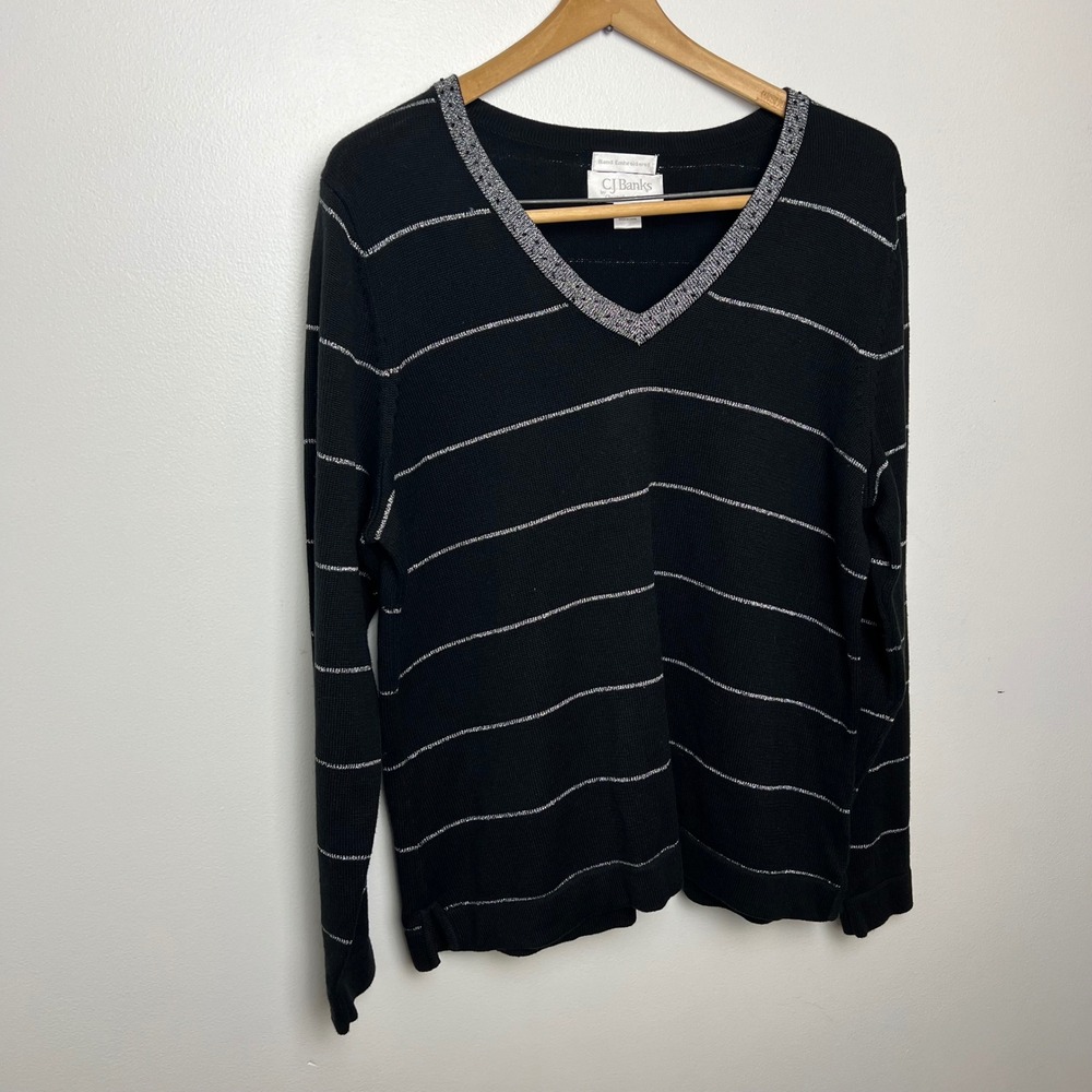 CJ Banks Women's Black Silver Stripe V-Neck Long Sleeve Sweater Top XL